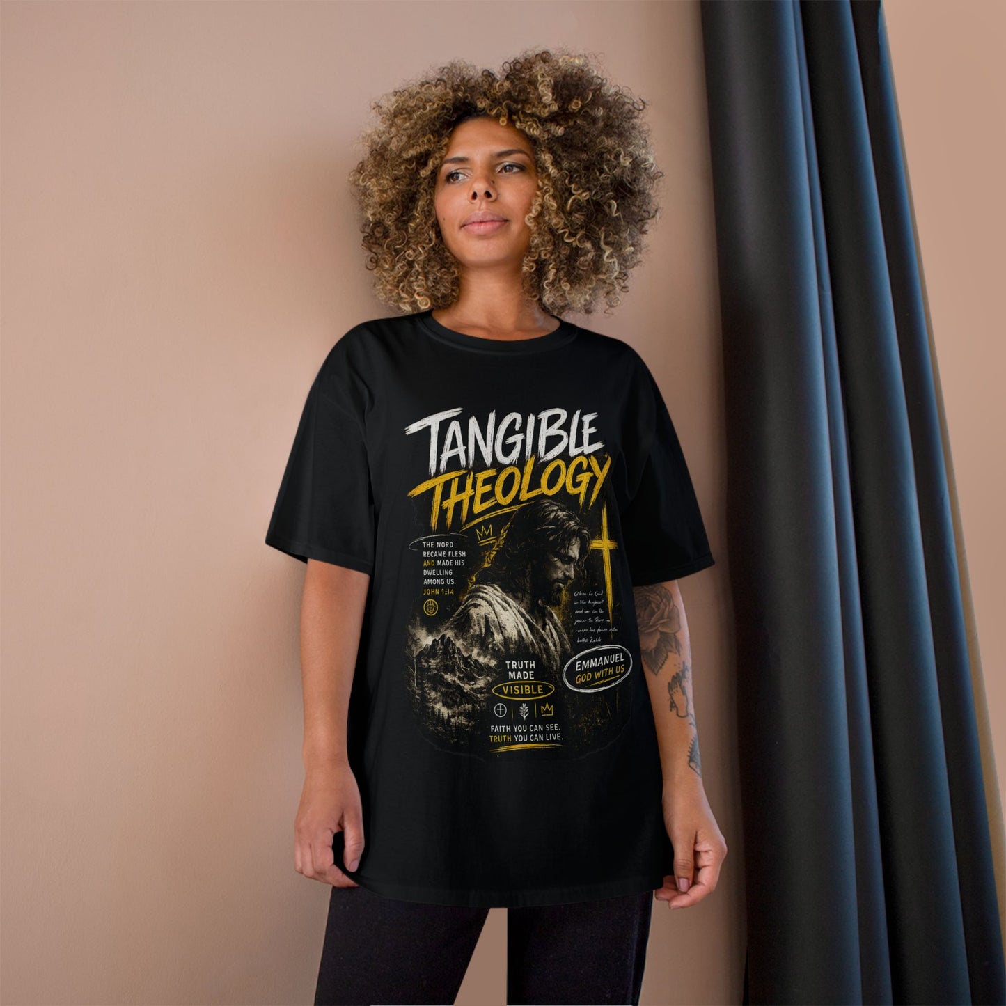 Tangible Theology T-Shirt — Christian Faith Graphic Tee with Cross & Jesus Design